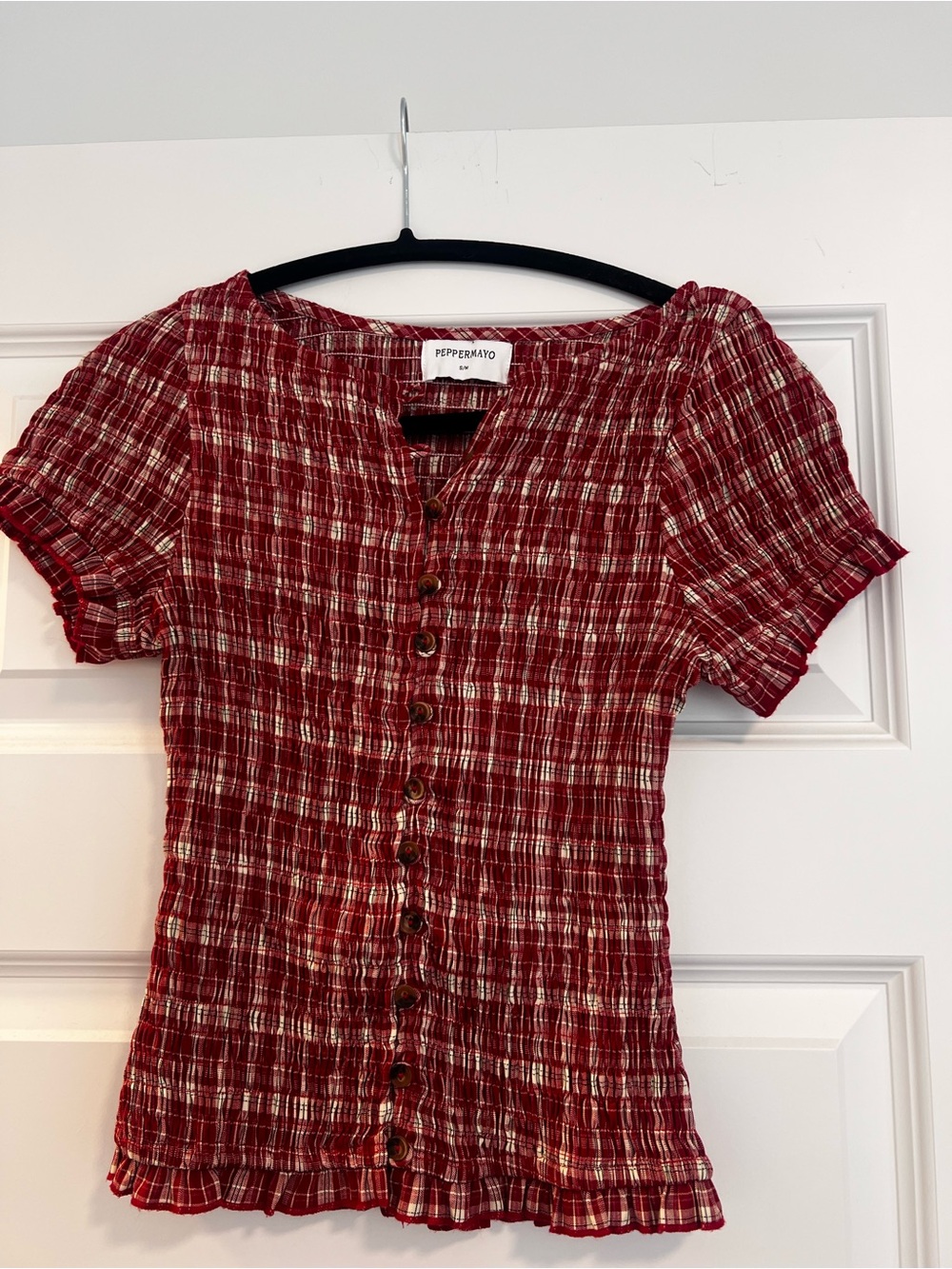 Peppermayo Burgundy Red and Cream Plaid Button-Front Puff Sleeve Top